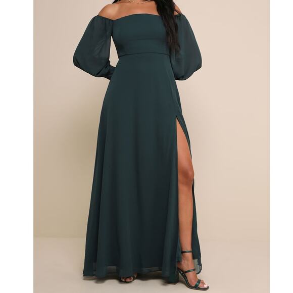 NEW Lulus Feel The Romance Emerald Green Off-the-Shoulder Princess Maxi  Dress